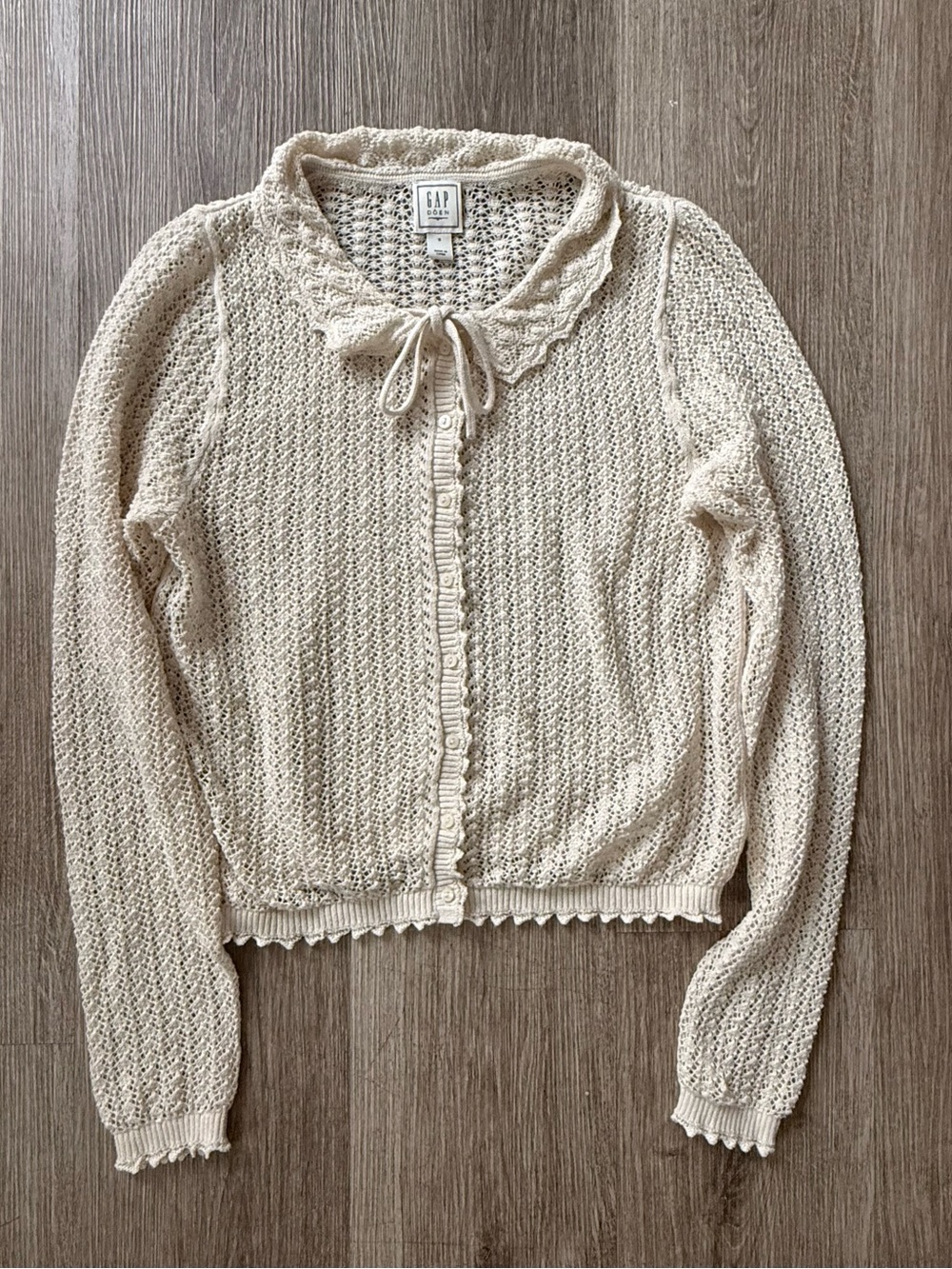 Gap x DÔEN Linen-Blend Pointelle Ruffle Collar Cardigan Size S
